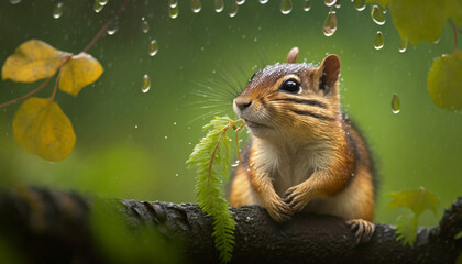 Wall Mural - chipmunk in the rain sitting on a tree