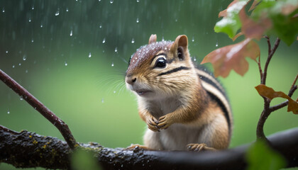 Wall Mural - chipmunk in the rain sitting on a tree