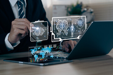 Businessman using computer chatting with an intelligent artificial intelligence asks for the answers wants. knowledge on the internet, e-learning, Robot application, conversation assistant.