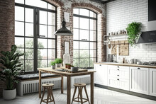 Rustic Kitchen With White Brick Wall And Wide Windows. Generative AI