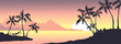 Abstract tropical landscape. Narrow vector background. Sunset in a bay with palm trees.	