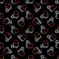 Poster - Heart and Delivery Truck vector concept line dark seamless pattern