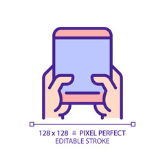 Poster - Hand with tablet pixel perfect RGB color icon. Person using mobile device. Browsing internet via personal gadget. Isolated vector illustration. Simple filled line drawing. Editable stroke