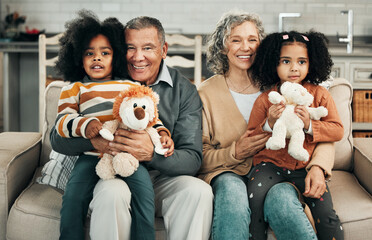 Poster - Happy, bonding and portrait of grandparents holding children for a visit, playing and babysitting. Smile, interracial and elderly man and woman sitting with grandchildren for care, love and hug