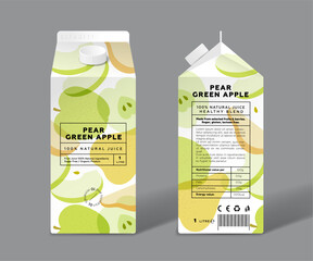 Wall Mural - Pear and Green Apple juice. Detox, healthy mix. Template packaging design. Transparent fruits, half and slices.