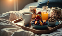 Cozy morning breakfast in bed on a tray. Orange juice, fruits and other tasty food. Indoor background. AI generative image.