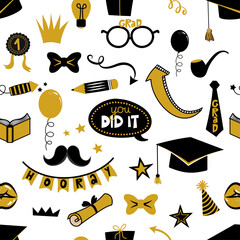 Wall Mural - Congratulations graduates - Seamless pattern, vector backdrop of tossing graduation caps, books and diplomas pattern. Goos for wallpapers, wrapping papers, backgrounds.