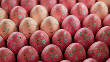Multicolored Easter Background. Collection Of Neatly Organized Eggs With Floral Designs.