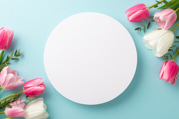 Wall Mural - Mother's Day concept. Top view photo of white circle and bouquets of fresh tulips on isolated pastel blue background with empty space