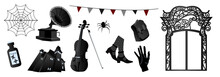 Gothic Set In The Style Of Wednesday. Gothic Black Arch, Cello, Poison, Spider Web, Briefcase, Spider, Thunderbolt, Hand, House, Shoes, And Flags. Vector Illustration, Flat Style