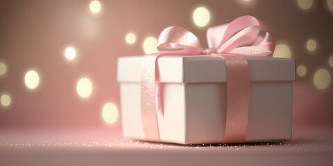 Wall Mural - Gift box in pink with a bow on a light background