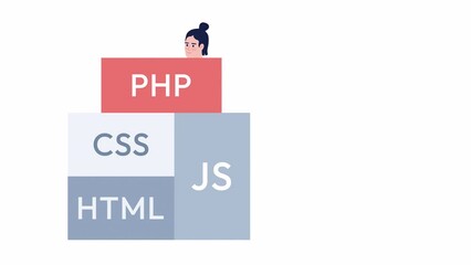 Animated web developer programming. Functional website creating. Programmer 2D cartoon flat character 4K video footage on white with alpha channel transparency. Concept animation for web design