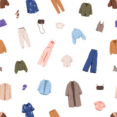 Fototapete - Seamless pattern, casual female clothes. Modern women wearing, fashion garments, repeating print. Endless background, stylish accessories and apparels. Printable repeatable flat vector illustration