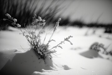 Sticker - Fuzzy and noisy black and white film photography of the winter. thin plants trudging across snowdrifts. vegetation in the snow. Generative AI