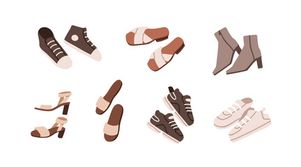 Wall Mural - Female fashion shoes set. Casual autumn boots, sport sneakers, trainers, summer slippers, heeled sandal. Different types of modern women footwear. Flat vector illustration isolated on white background