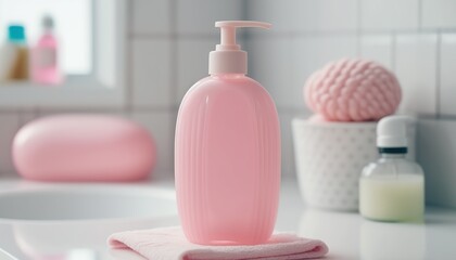Wall Mural - Cozy bathroom background with pink liquid soap bottle. Indoor background. AI generative image.