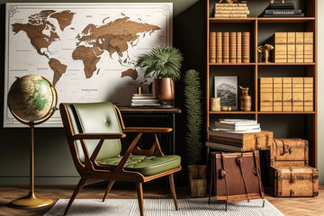 Wall Mural - Private library with retro vintage home decor, mock-up map poster, brown chair, wooden table, bookstand, books, and charming personal accessories. Generative AI