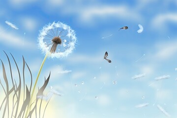 Poster - Pale, organic background. Butterfly and dandelion morphs. Dandelion flower seeds against a cloudy blue sky background. copies spaces. Generative AI