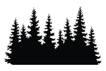 Wall Mural - Fir trees silhouettes. Coniferous spruce horizontal background patterns, black evergreen woods vector illustration. Beautiful hand drawn panorama with treetops forest. Black pine woods