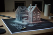 Architectural drawings of a family house on the drafting table are turned into a 3D holographic model with the help of the augmented reality service. Modern architecture. minimal. horizontal