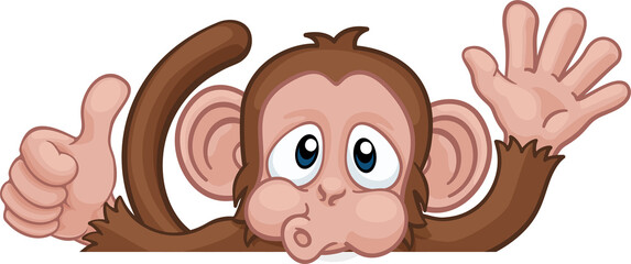 Canvas Print - Monkey Cartoon Animal Behind Sign Thumbs Up Waving