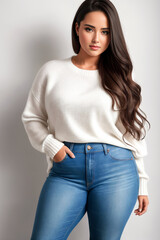 Wall Mural - Beauty curve plus size woman in a white sweater on a gray background. Generative AI