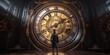 © PNG, Vector & Video - A steampunk-inspired 3D rendered image featuring a man standing in front of a giant clock. Generative AI