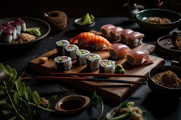 Wall Mural - View from a high angle of traditional Japanese culinary items being offered. Sushi, rolls, edamame, and tuna tataki in a set. Generative AI