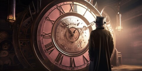 A steampunk-inspired 3D rendered image featuring a man standing in front of a giant clock. Generative AI