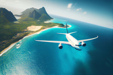 Airplane is flying over islands and tropical coastline. Landscape with white passenger aircraft. Generative AI.