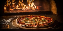 Appétissante Pizza Cuite Au Feu De Bois Devant Un Four à Pizza - Generative Ai