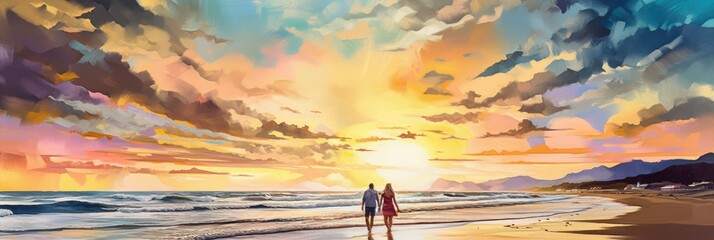 Wall Mural - Couple holding hands on the beach, sunset golden hour, vast panoramic cloudscape, summer vacation, in love enjoying the moment, standing on the shore - generative AI 