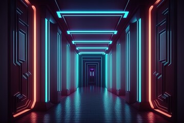 Wall Mural - Illustration of a neon light party with a sci-fi, futuristic color scheme on a concrete floor. Generative AI