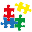 Concept image of four connecting puzzles as solving of problems in business. Jigsaw symbol in blue, red, green, yellow with editable white frames.