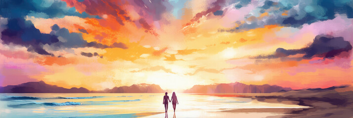 Wall Mural - Couple holding hands on the beach, sunset golden hour, vast panoramic cloudscape, summer vacation, in love enjoying the moment, standing on the shore - generative AI 