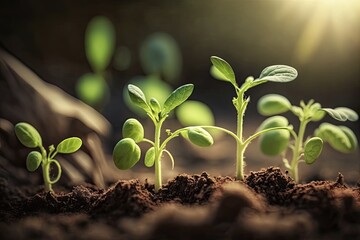 Wall Mural - Sprouts of young pea plants grow in rows in a field. Selective focus. Generative AI