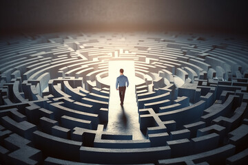 Man walking into big labyrinth. Finding solution concept. Generative ai.