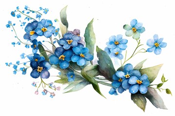 Watercolor forget me not flowers. Myosotis flower in bloom, blossom in blue color. Watercolour illustration and drawing isolated on white background. Hand drawn vintage design style. Generative Ai.