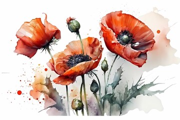 Wall Mural - Watercolor poppy flowers. Poppies in bloom, blossom in red color. Watercolour illustration and drawing isolated on white background. Hand drawn vintage design style. Generative Ai.