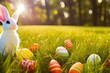Wielkanoc, wielkanocny króliczek z kolorowymi jajkami wielkanocnymi na trawie, barwnie, soczyste wiosenne kolory, miejsce na tekst. Wygenerowane przy pomocy AI