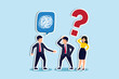 Ramble, confused explanation or bad communication skill, confusion dialogue problem, unclear message, irritate businessman boss explain confused sribbles abstract stain speech bubble to team members. 