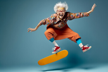 acrobatic cute happy and smiling granny jumping with the skateboard - ai generative