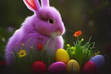 Fototapeta  - Wielkanoc, wielkanocny króliczek z kolorowymi jajkami wielkanocnymi na trawie, barwnie, soczyste wiosenne kolory, miejsce na tekst. Wygenerowane przy pomocy AI