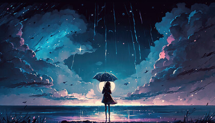 an epic illustration of a lonely anime girl with an umbrella, standing alone in the night, generative ai technology