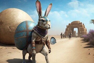 Time - traveling Easter bunny delivering eggs to ancient civilizations Easter illustration generative ai