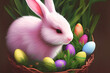 Wielkanoc, wielkanocny króliczek w koszyku z kolorowymi jajkami wielkanocnymi na trawie, barwnie, soczyste wiosenne kolory, miejsce na tekst. Wygenerowane przy pomocy AI