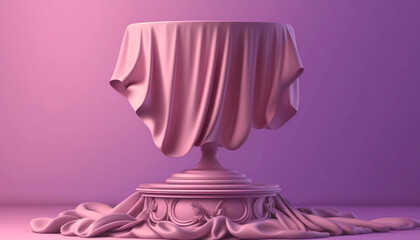 pink background with pedestal and flying silk cloth . Ai generative