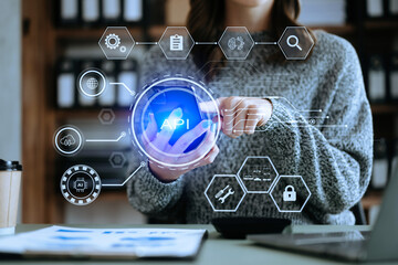 Wall Mural - api application programming interface, woman using laptop, tablet and smartphone with virtual screen