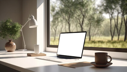 Mock up laptop computer on white table in white minimal room with green garden view background. Generative AI