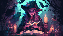 Witch Woman Using Tarot Cards For Love Spelling, Witchcraft, Divination And Fortune Telling. Magic Illustration And Alchemy.Generative AI